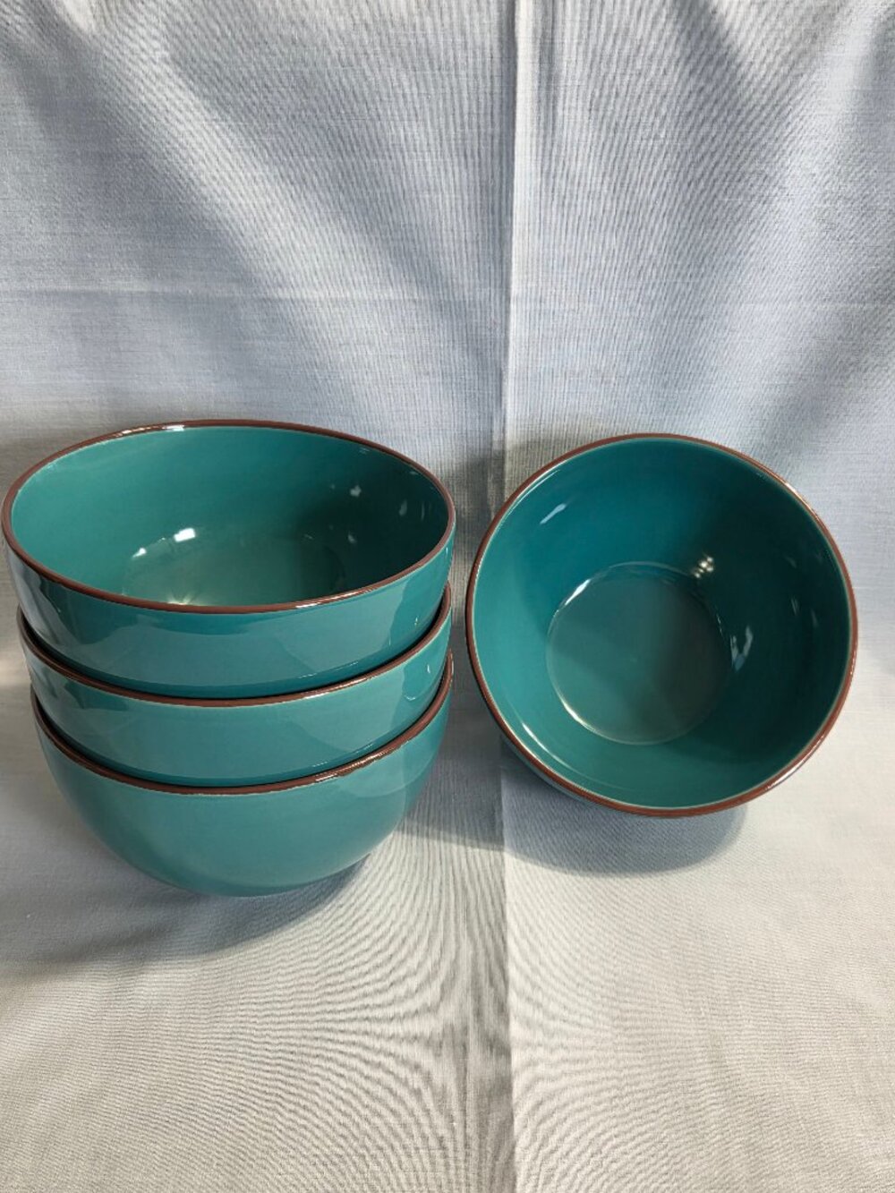 Set 4 Royal Norfolk SOLID TURQUOISE 5 1/2" Soup BOWLS Cereal Brown trim Stonewar